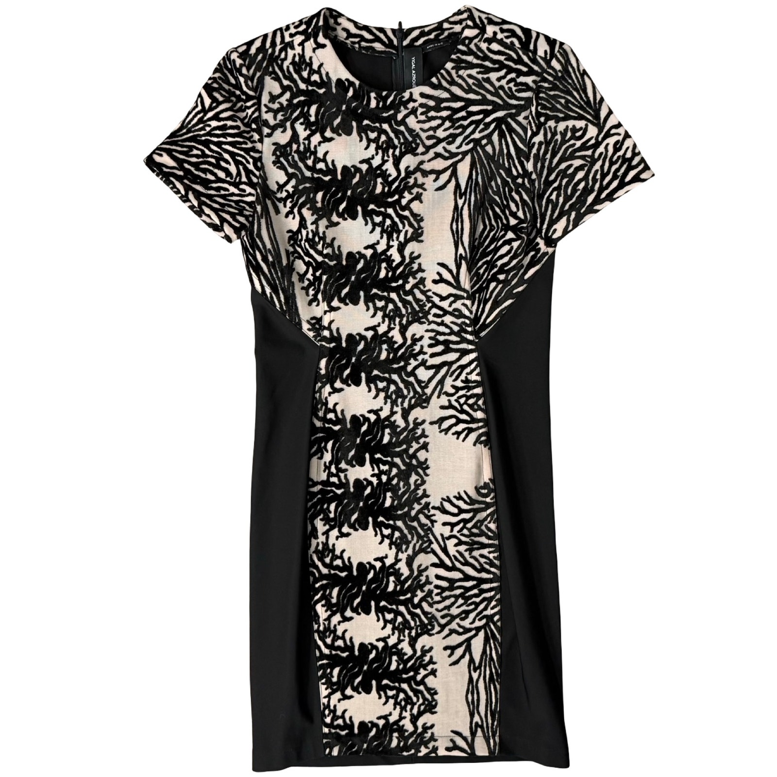 Yigal Azrouel Coral Reef Burnout Black Tan Short Sleeve Sheath Dress Size 10